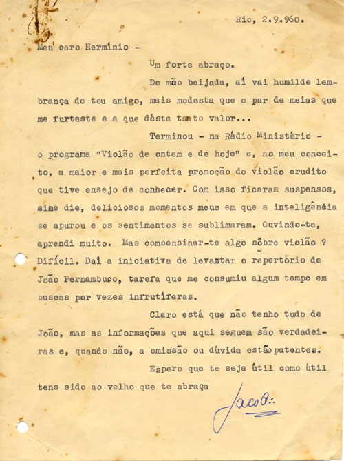 Carta de Jacob a Hermínio Bello de Carvalho, em 02.09.1960